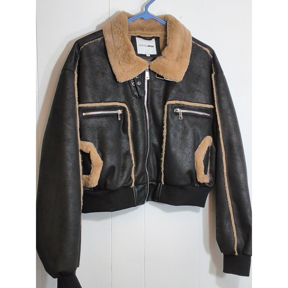 Fashion Nova Cropped Black Faux Leather Bomber Jacket with Fur Trim Size 1X